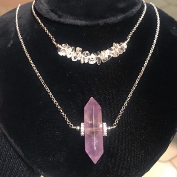 Double layer amethyst & crystal quartz necklace - Picture 4 of 8